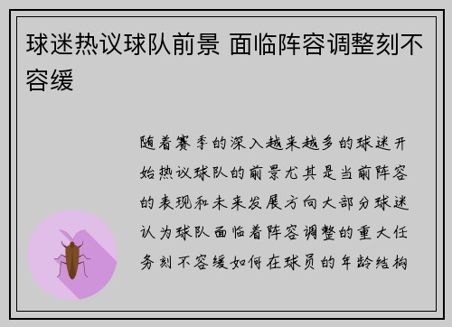 球迷热议球队前景 面临阵容调整刻不容缓
