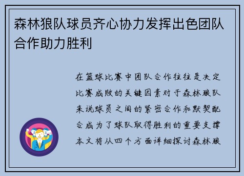森林狼队球员齐心协力发挥出色团队合作助力胜利