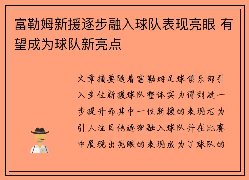 富勒姆新援逐步融入球队表现亮眼 有望成为球队新亮点