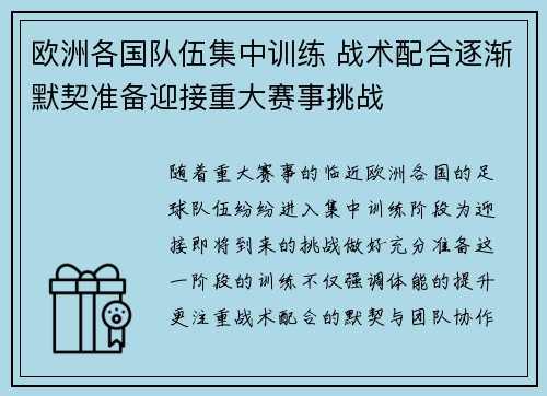 欧洲各国队伍集中训练 战术配合逐渐默契准备迎接重大赛事挑战