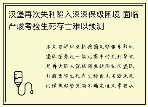 汉堡再次失利陷入深深保级困境 面临严峻考验生死存亡难以预测