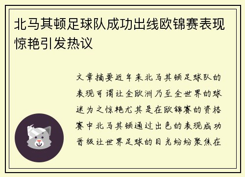 北马其顿足球队成功出线欧锦赛表现惊艳引发热议