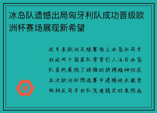 冰岛队遗憾出局匈牙利队成功晋级欧洲杯赛场展现新希望