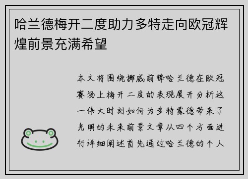 哈兰德梅开二度助力多特走向欧冠辉煌前景充满希望