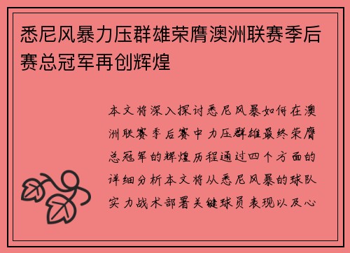 悉尼风暴力压群雄荣膺澳洲联赛季后赛总冠军再创辉煌
