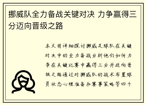挪威队全力备战关键对决 力争赢得三分迈向晋级之路