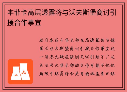 本菲卡高层透露将与沃夫斯堡商讨引援合作事宜