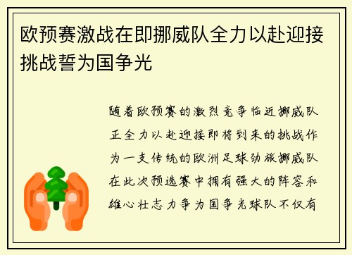 欧预赛激战在即挪威队全力以赴迎接挑战誓为国争光