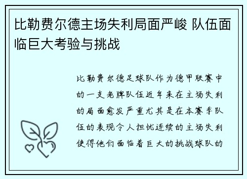 比勒费尔德主场失利局面严峻 队伍面临巨大考验与挑战