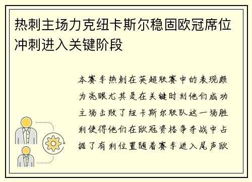 热刺主场力克纽卡斯尔稳固欧冠席位冲刺进入关键阶段