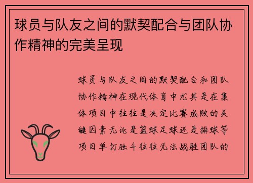 球员与队友之间的默契配合与团队协作精神的完美呈现