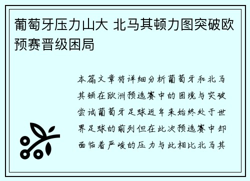 葡萄牙压力山大 北马其顿力图突破欧预赛晋级困局
