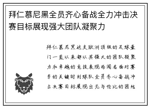 拜仁慕尼黑全员齐心备战全力冲击决赛目标展现强大团队凝聚力
