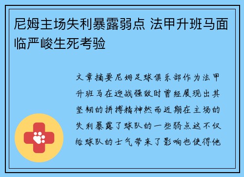 尼姆主场失利暴露弱点 法甲升班马面临严峻生死考验